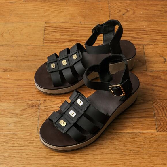 A.P.C. Derby Brown Leather Embellished Wedge Sandal Size 37 (US 7) Summer Casual - Picture 1 of 8